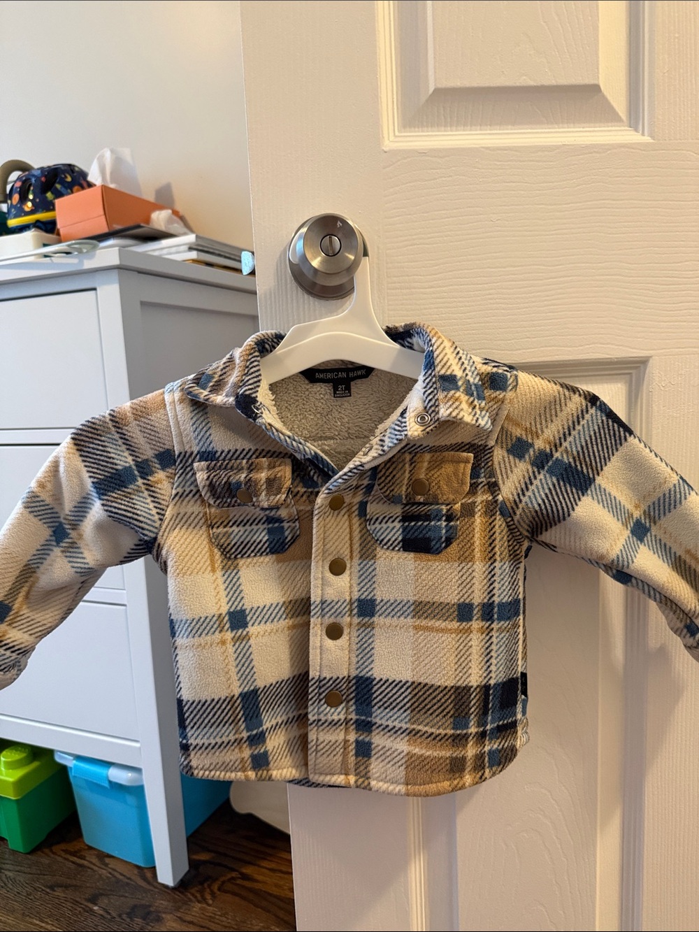 American Ranger Toddler Plaid Sherpa-Lined Jean Jacket — Cream, Blue & Brown